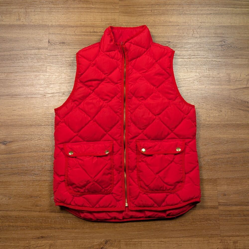 J Crew Down Puffer Vest Womens Medium Red Quilted Full Zip Outdoors Casual